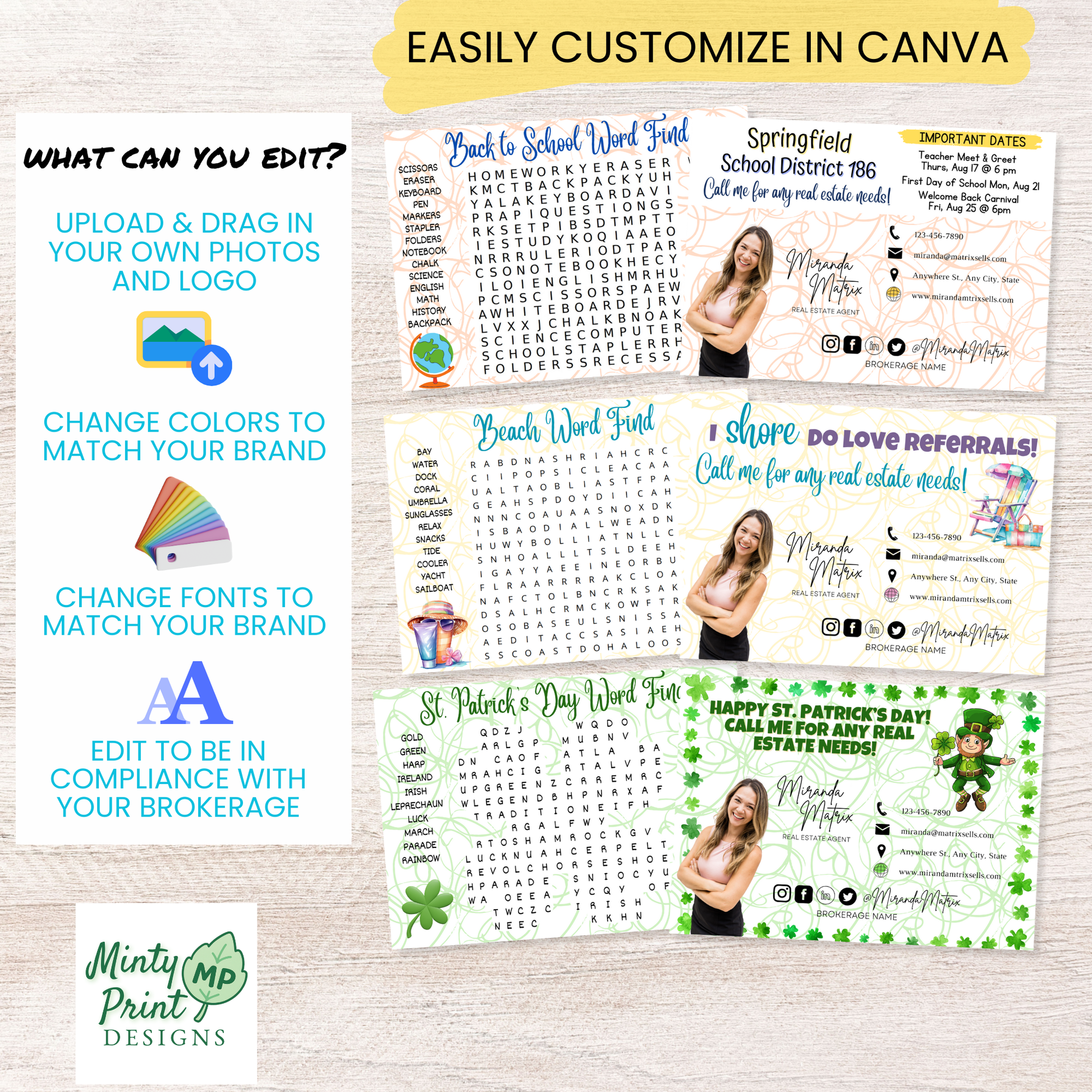 Seasonal word search postcard Canva templates shown in clean desk lifestyle mockup