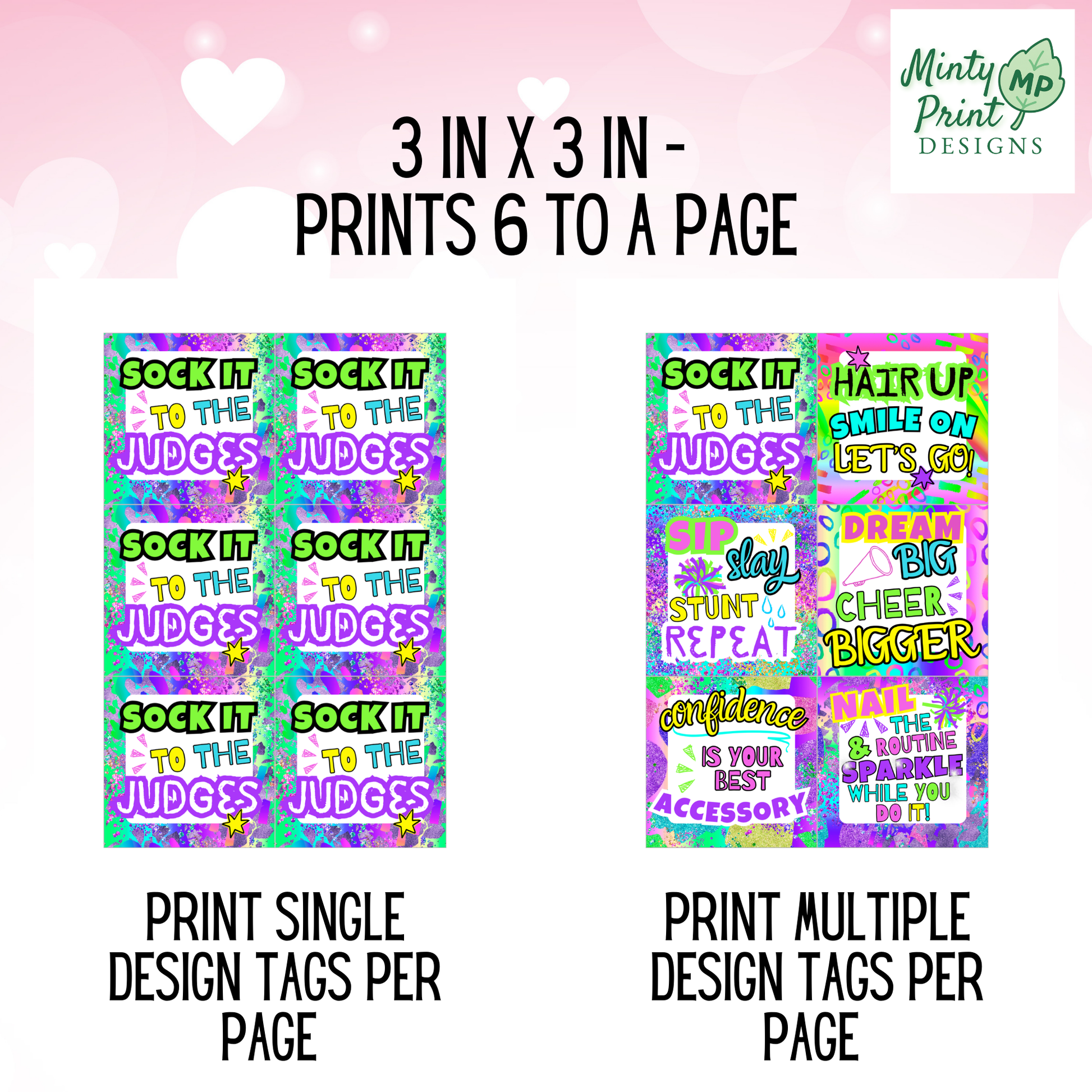 Bright neon cheer gift tag with bold typography and high-energy colors, perfect for cheer team gifts.