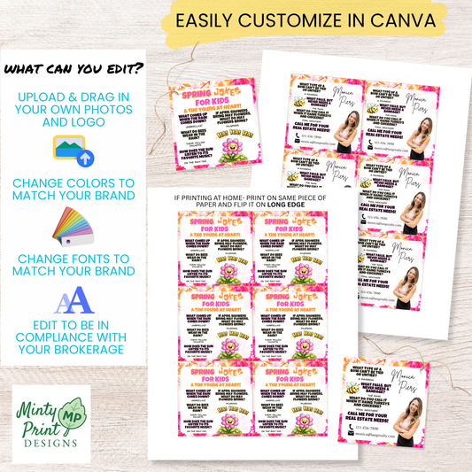 Editable spring pop-by tag template in Canva with customizable headshot, business details, colors, and fonts for seasonal client gifts.