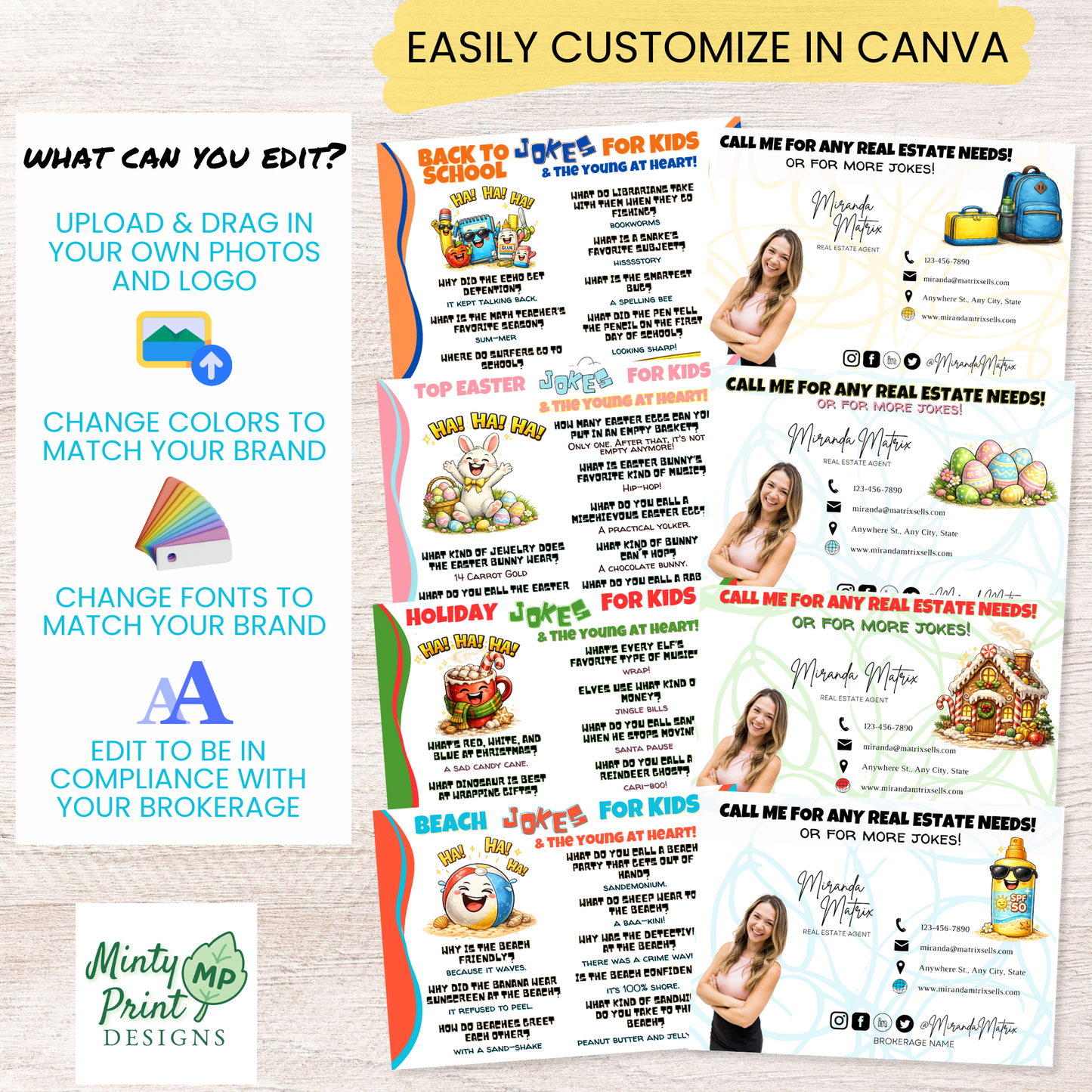 12 month joke postcard bundle for realtors, editable Canva templates