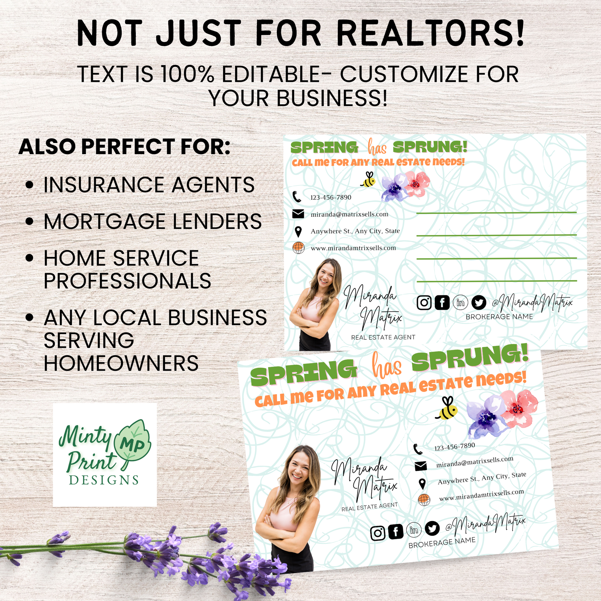 Editable spring word search postcard template customizable for real estate agents, insurance agents, and local service businesses