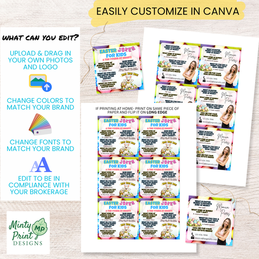 Editable Easter pop-by tag template in Canva with customizable headshot, business details, colors, and fonts for spring client gifts.