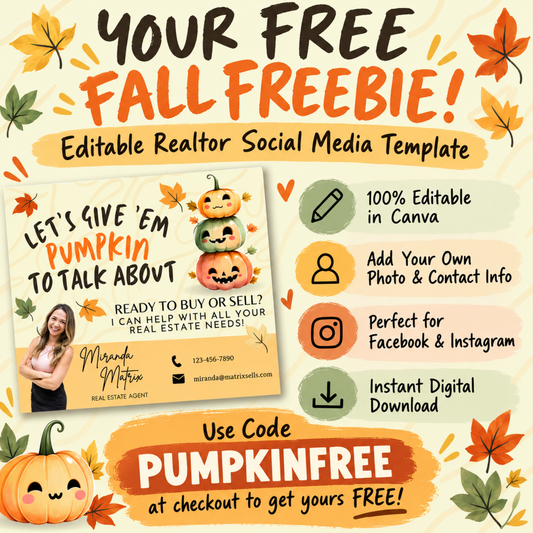 Free editable realtor fall social media template featuring Canva customization details and PUMPKINFREE discount code