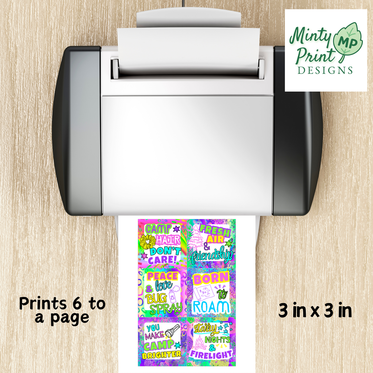Bright summer camp gift tags with trendy fonts and colorful backgrounds designed for kids and tweens.