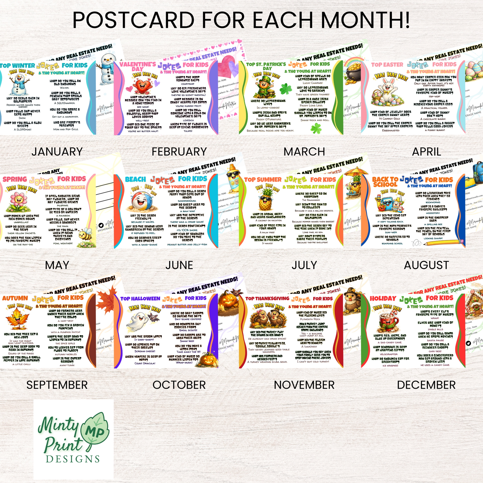 Funny postcard bundle for real estate client pop-bys, Canva editable