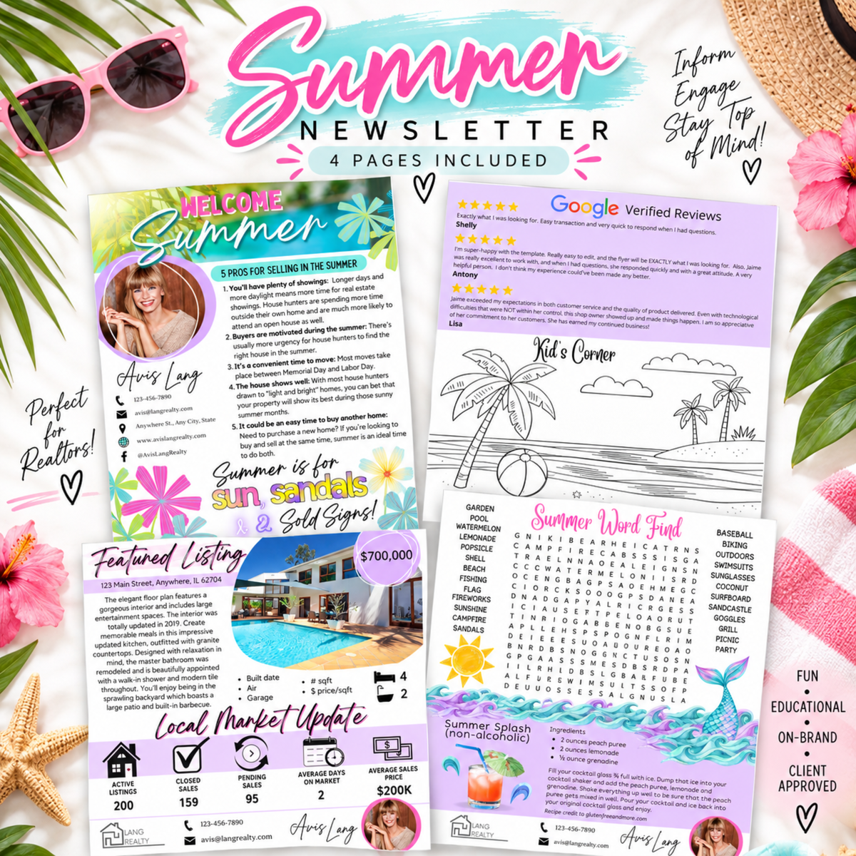 Summer real estate newsletter Canva template with four editable pages featuring listings, market statistics, client content, activities and seasonal tips.
