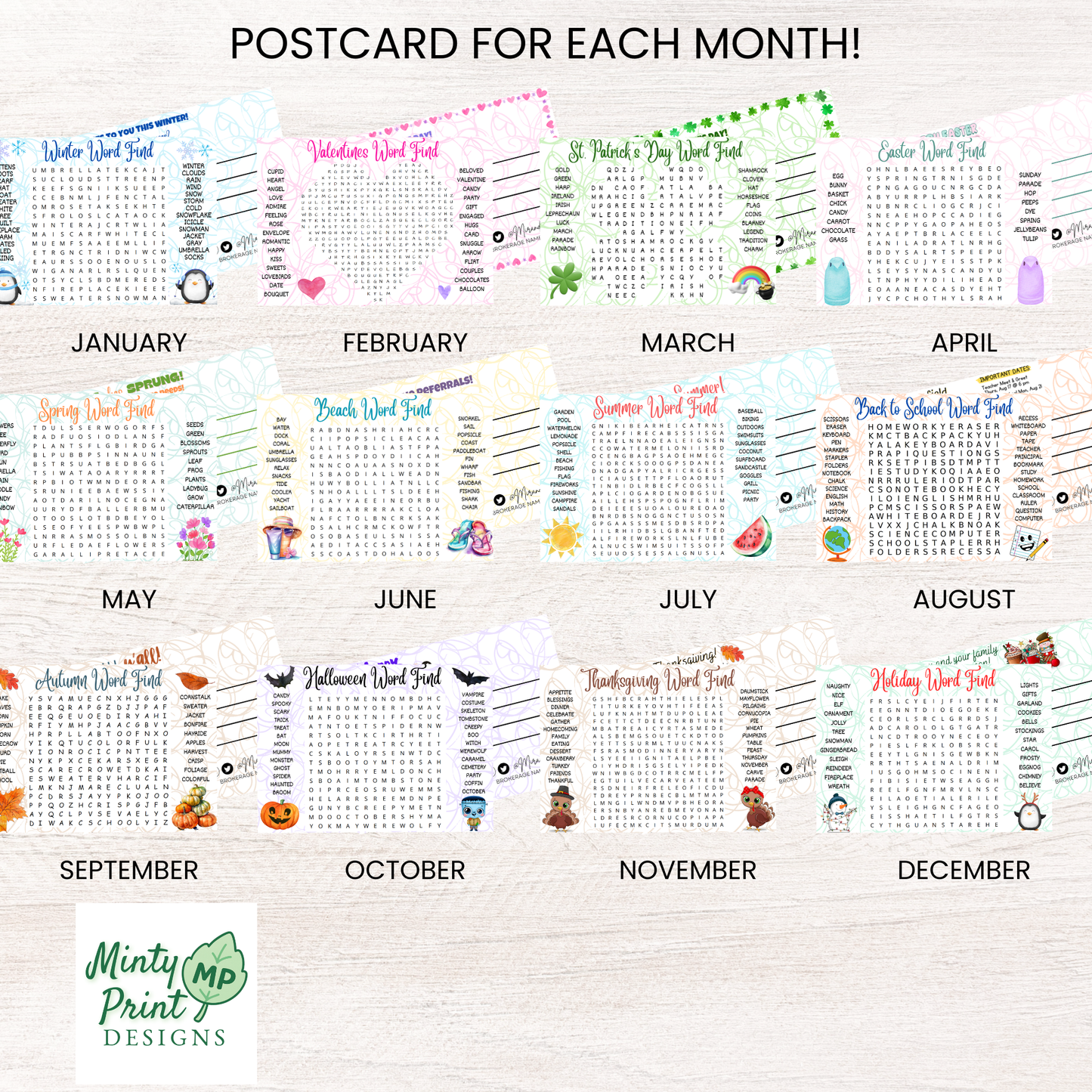 Monthly word search postcards January through December included in 12 pack Canva postcard bundle