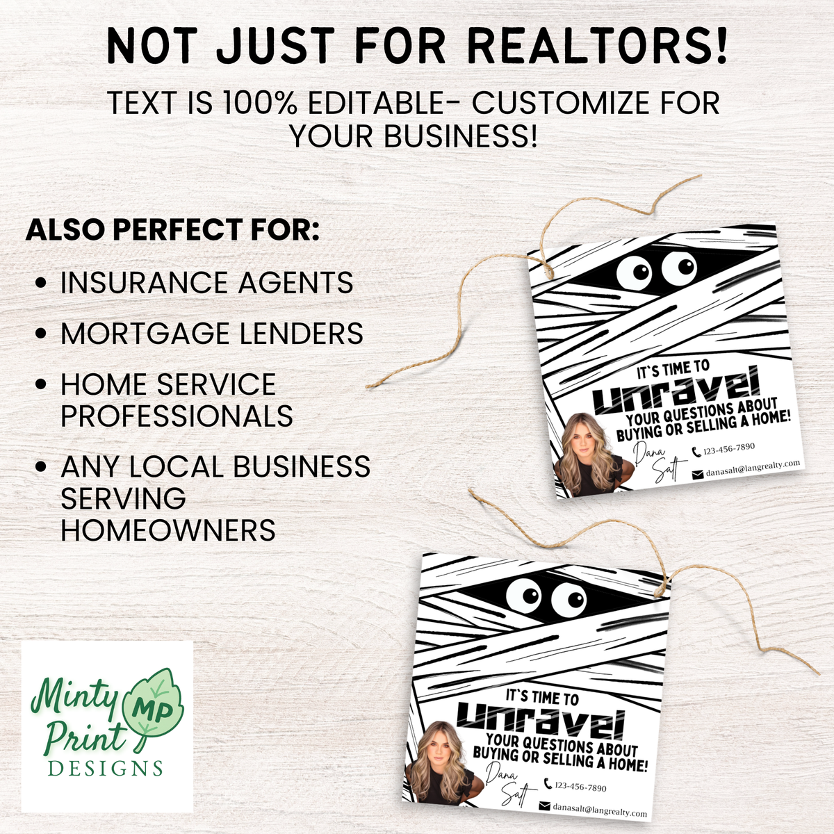 Editable Canva mummy-themed Realtor gift tag for Halloween client appreciation.