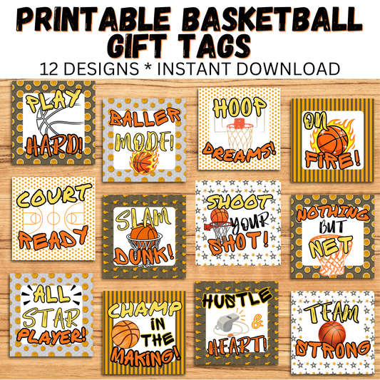 Basketball printable gift tags for team snacks, party favors, and sports celebrations. Includes 12 fun designs. Instant digital download.