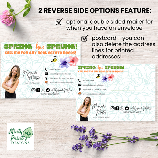 Spring word search postcard Canva template showing editable reverse mailer and postcard address options