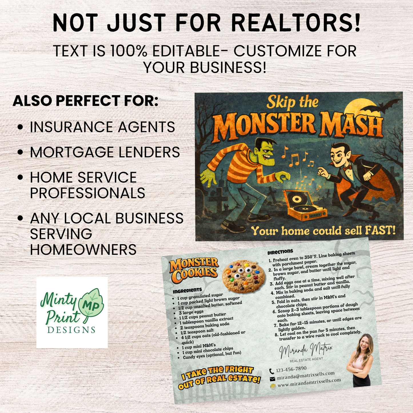 Halloween real estate marketing postcard paired with Monster Cookies recipe card for client mailers and pop by gifts