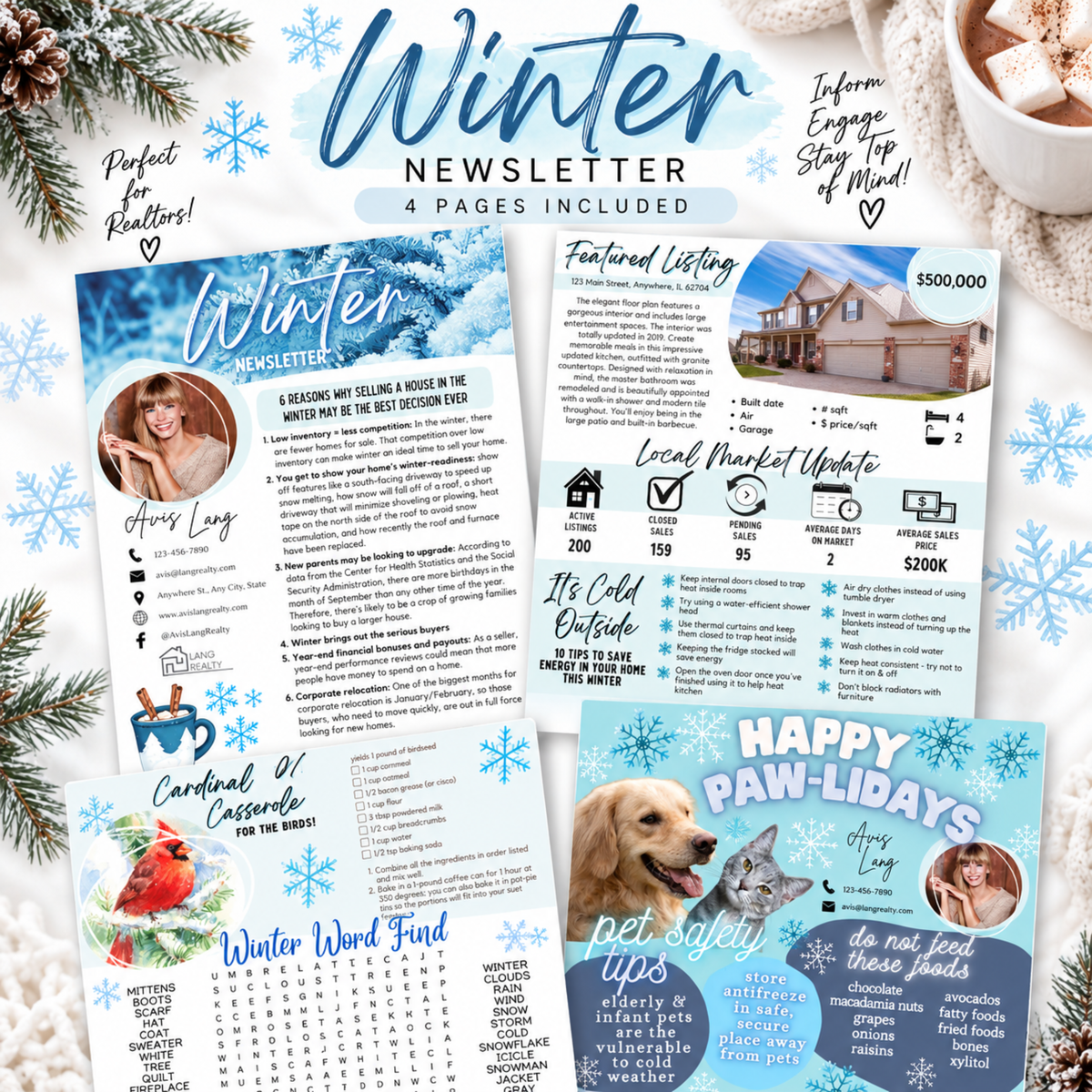 Winter real estate newsletter Canva template with four editable pages featuring seasonal selling tips, market updates, homeowner advice, activities and client content.