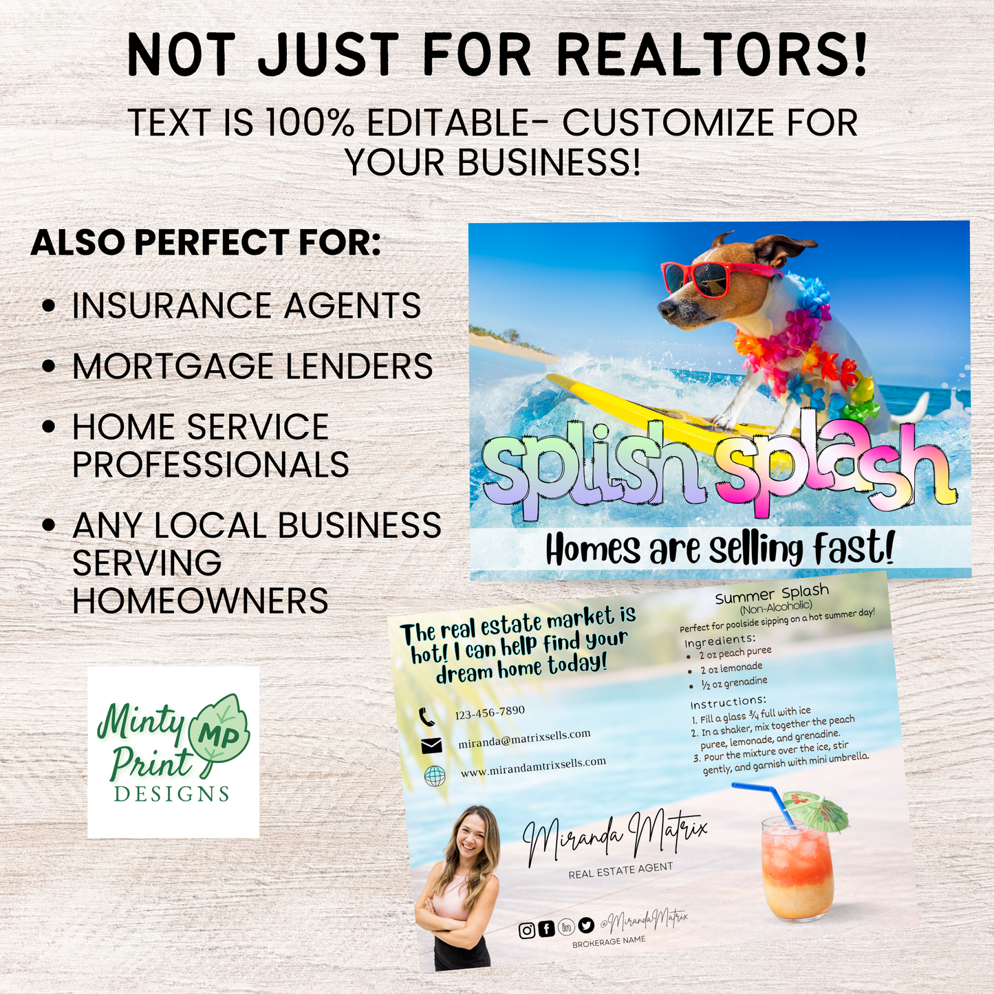 Summer client mailer postcard with surfing dog and homes selling fast slogan