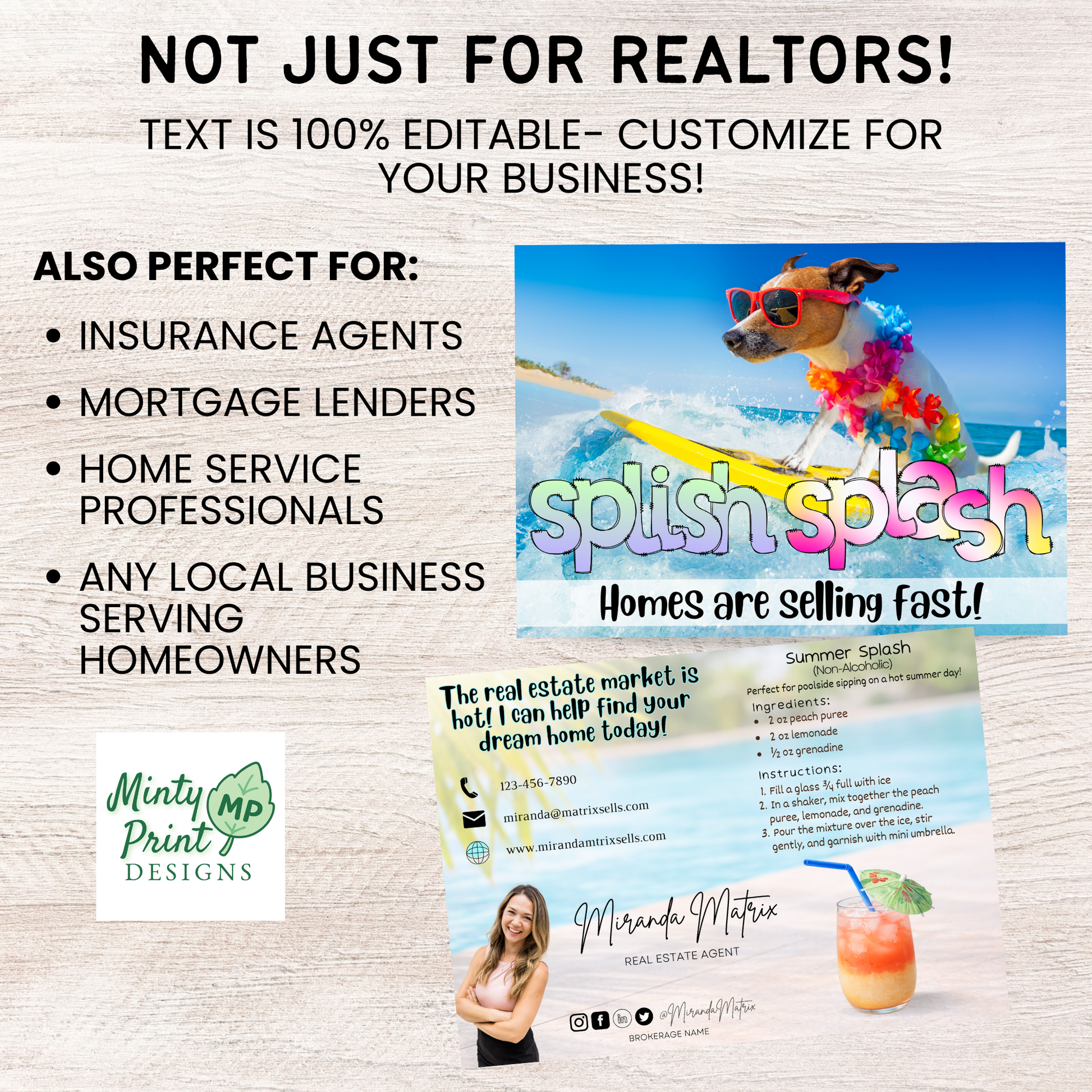 Summer client mailer postcard with surfing dog and homes selling fast slogan