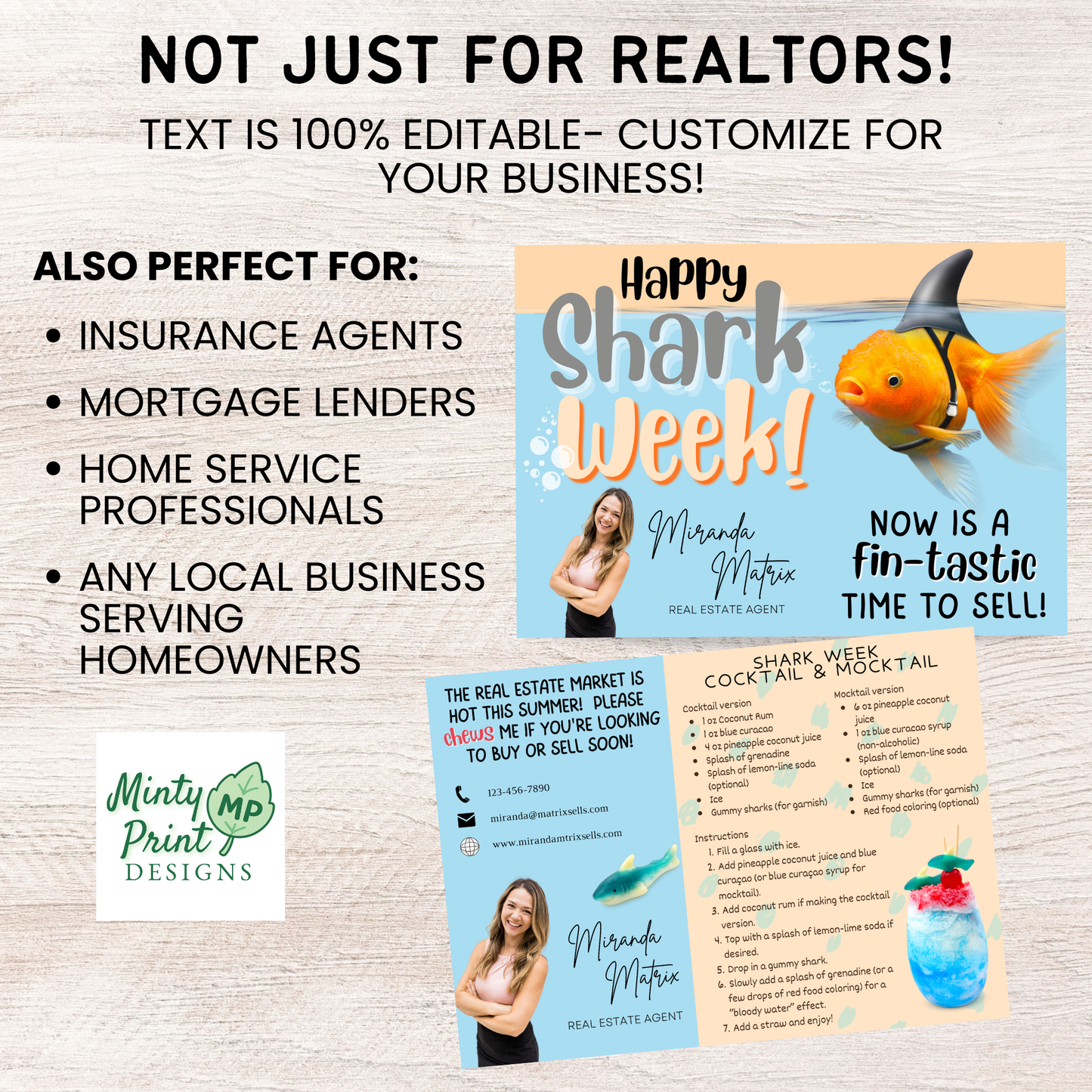 Summer real estate pop by idea featuring Shark Week postcard design with tropical cocktail recipe and playful gummy shark theme