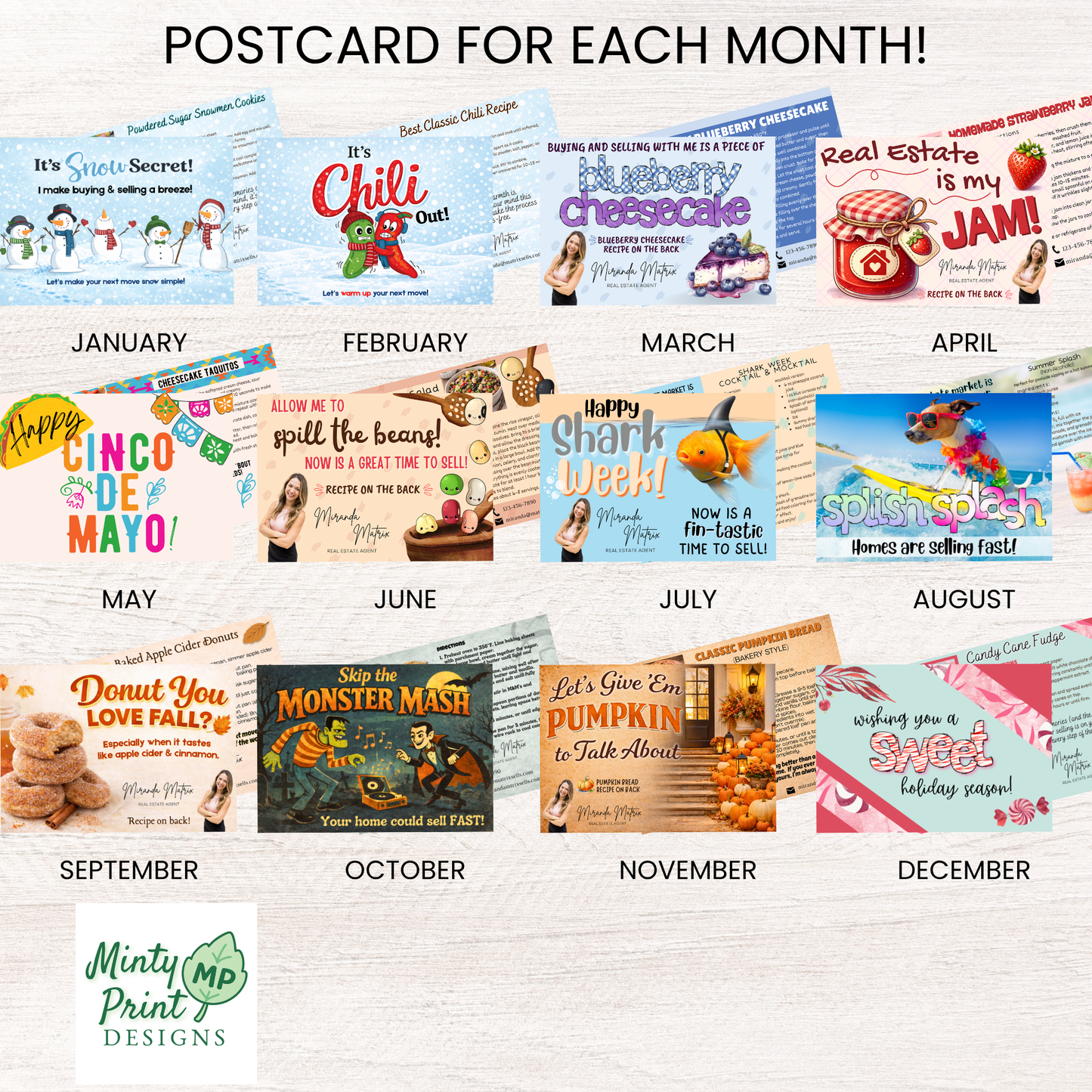 year round real estate marketing postcards with recipe cards for clients