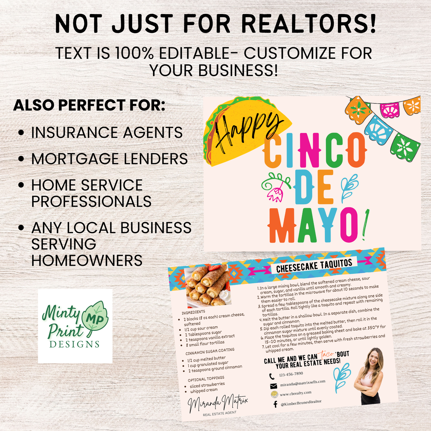 Editable Canva Cinco de Mayo postcard template for realtors with taco themed design and customizable contact information.