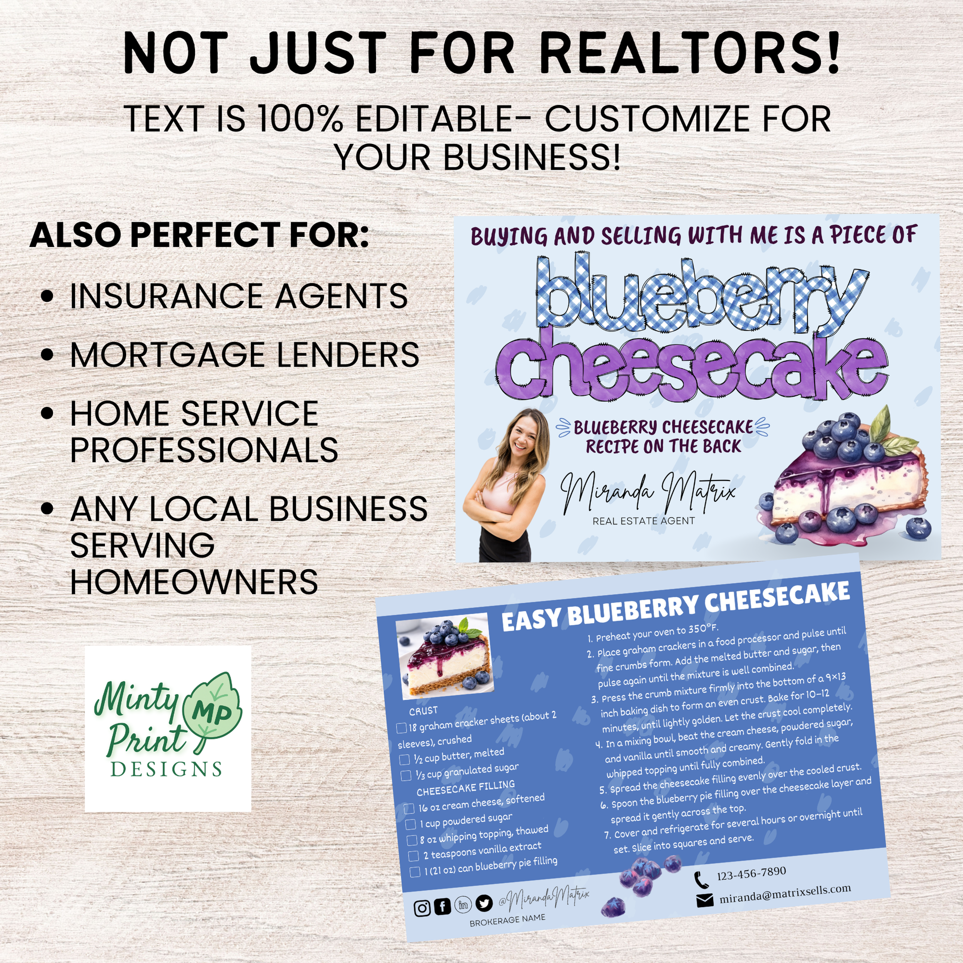 Real estate marketing postcard template with blueberry cheesecake recipe and customizable Canva layout.