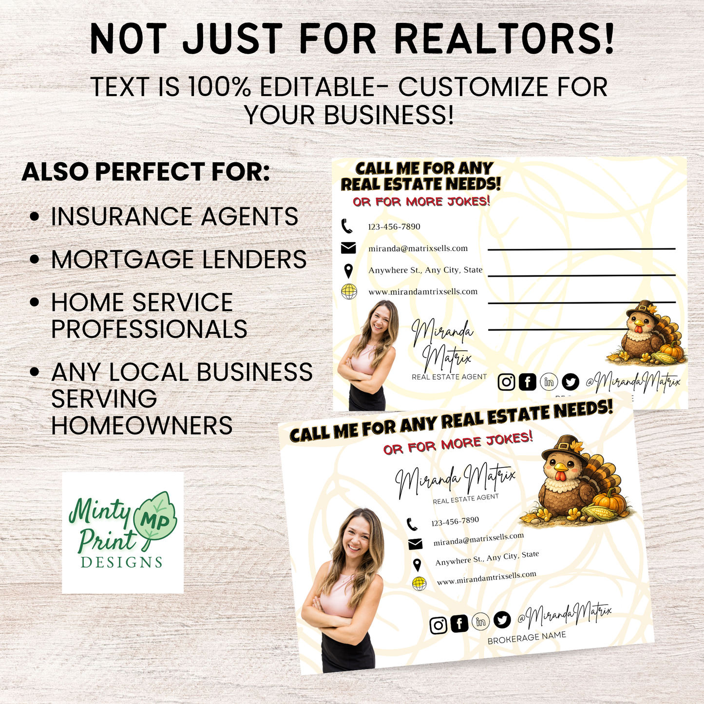Thanksgiving realtor postcard with jokes and festive turkey illustrations, fall real estate marketing design