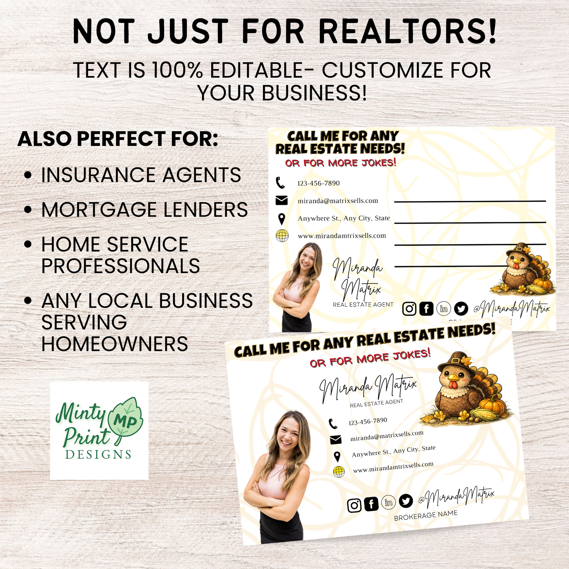 Thanksgiving realtor postcard with jokes and festive turkey illustrations, fall real estate marketing design