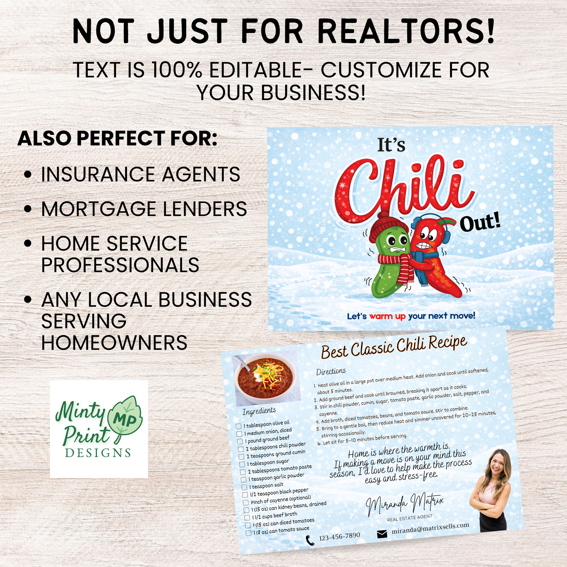 Realtor marketing postcard with chili recipe and editable contact info