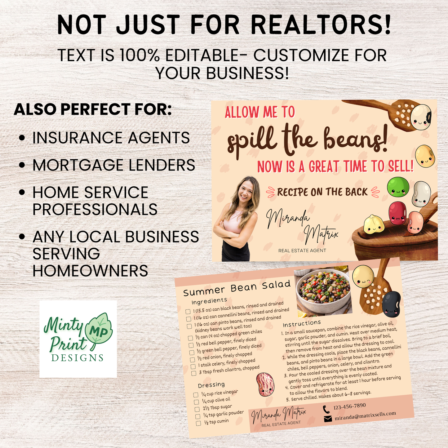 Spill the Beans realtor postcard template with cute bean illustrations and customizable real estate agent branding.