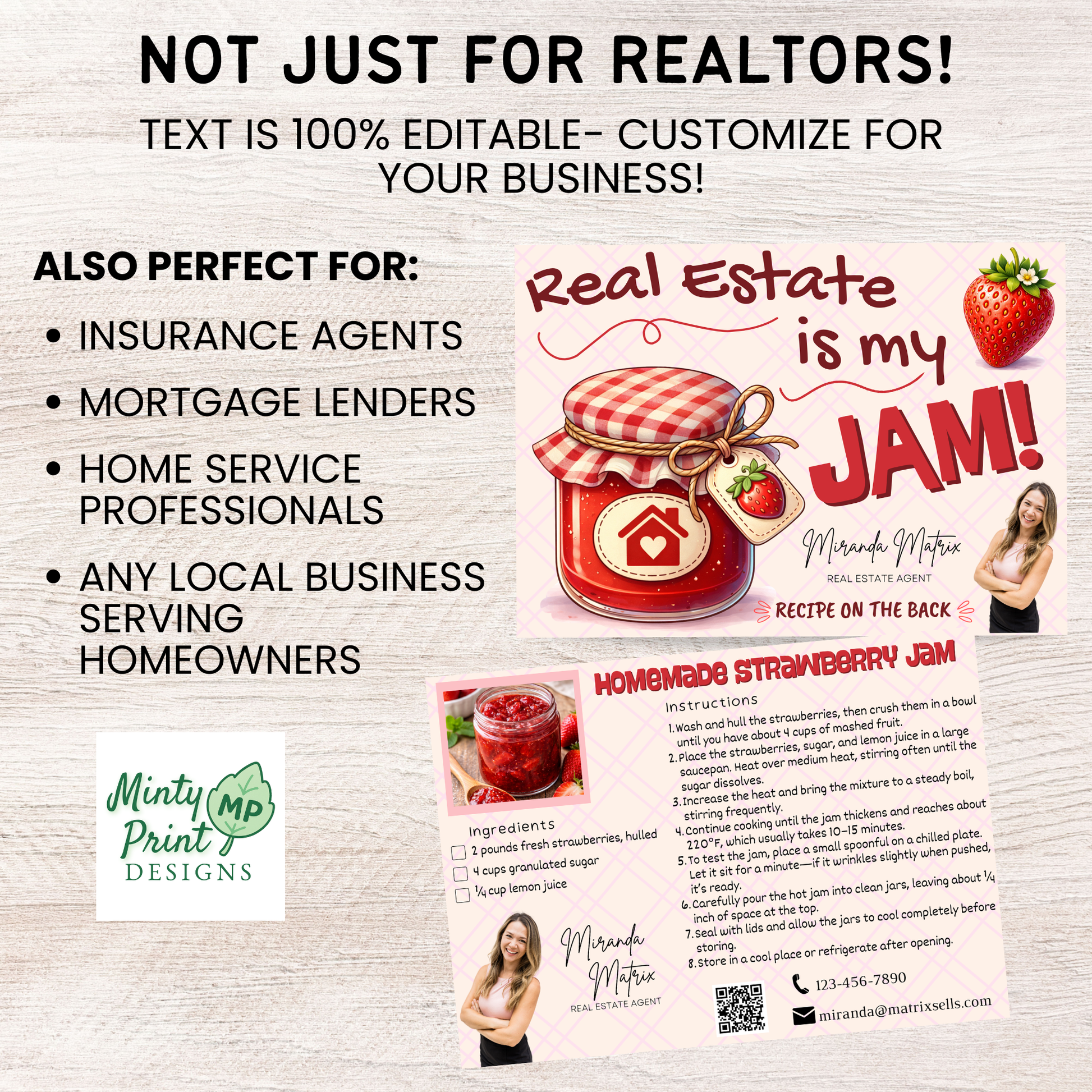 Strawberry jam themed real estate marketing postcard perfect for spring realtor mailers and client appreciation gifts.