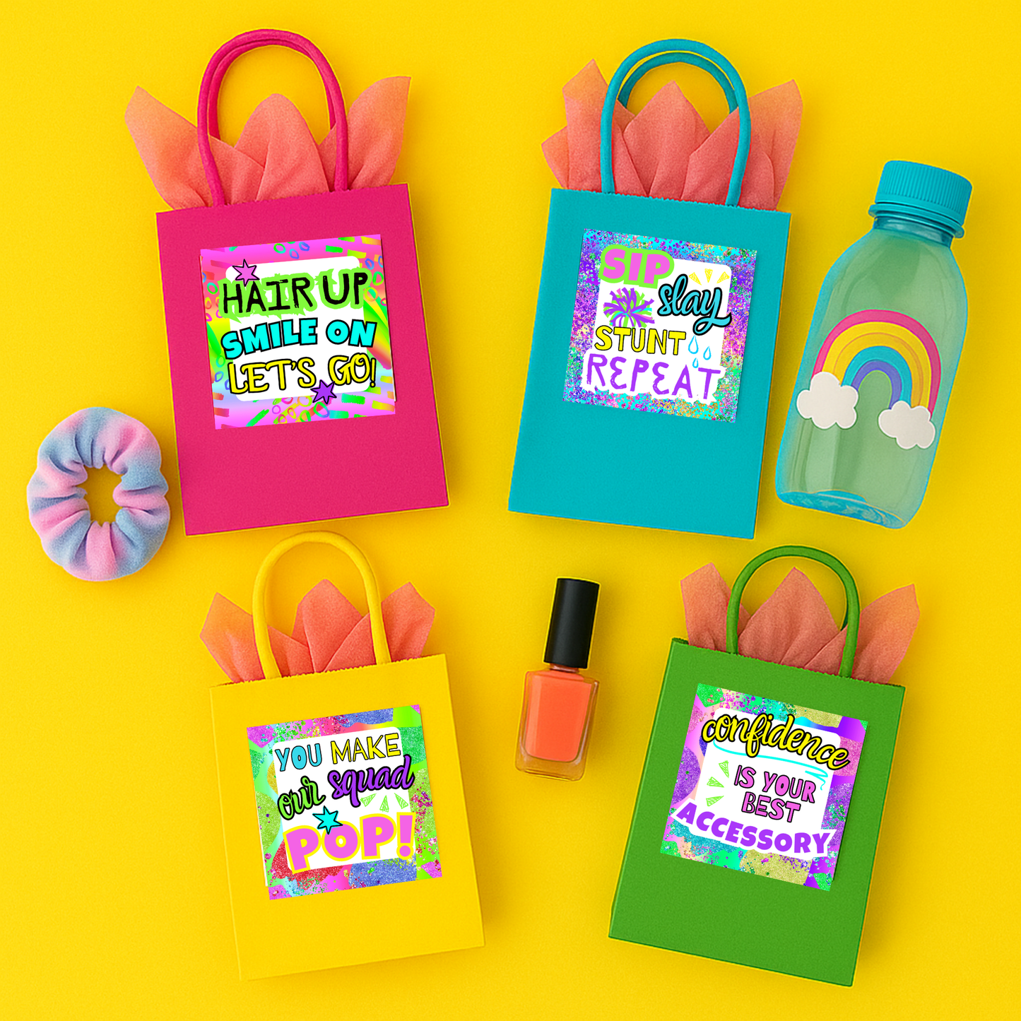 Cheer-themed printable gift tag with a colorful bow design and bold text for cheerleaders.