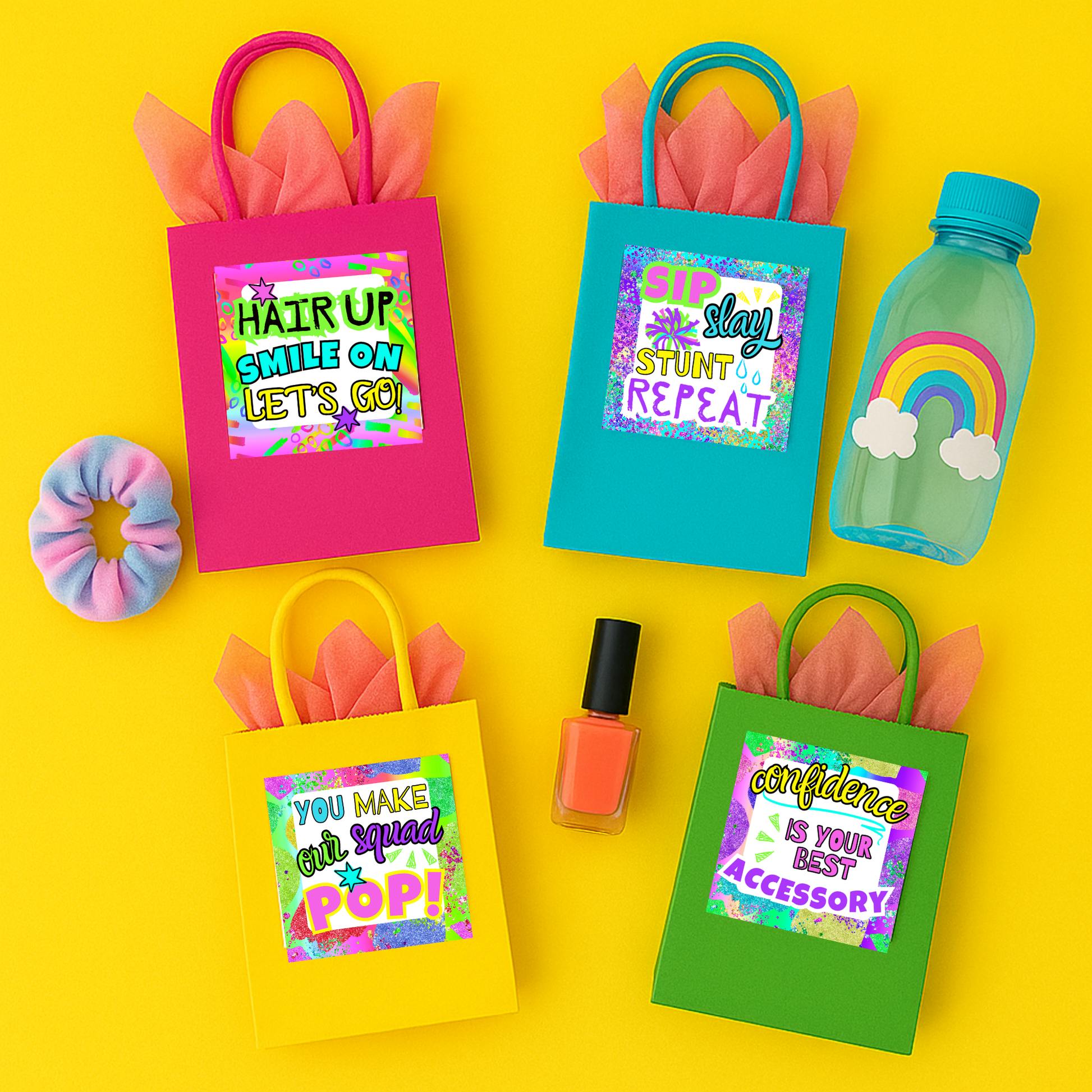 Cheer-themed printable gift tag with a colorful bow design and bold text for cheerleaders.