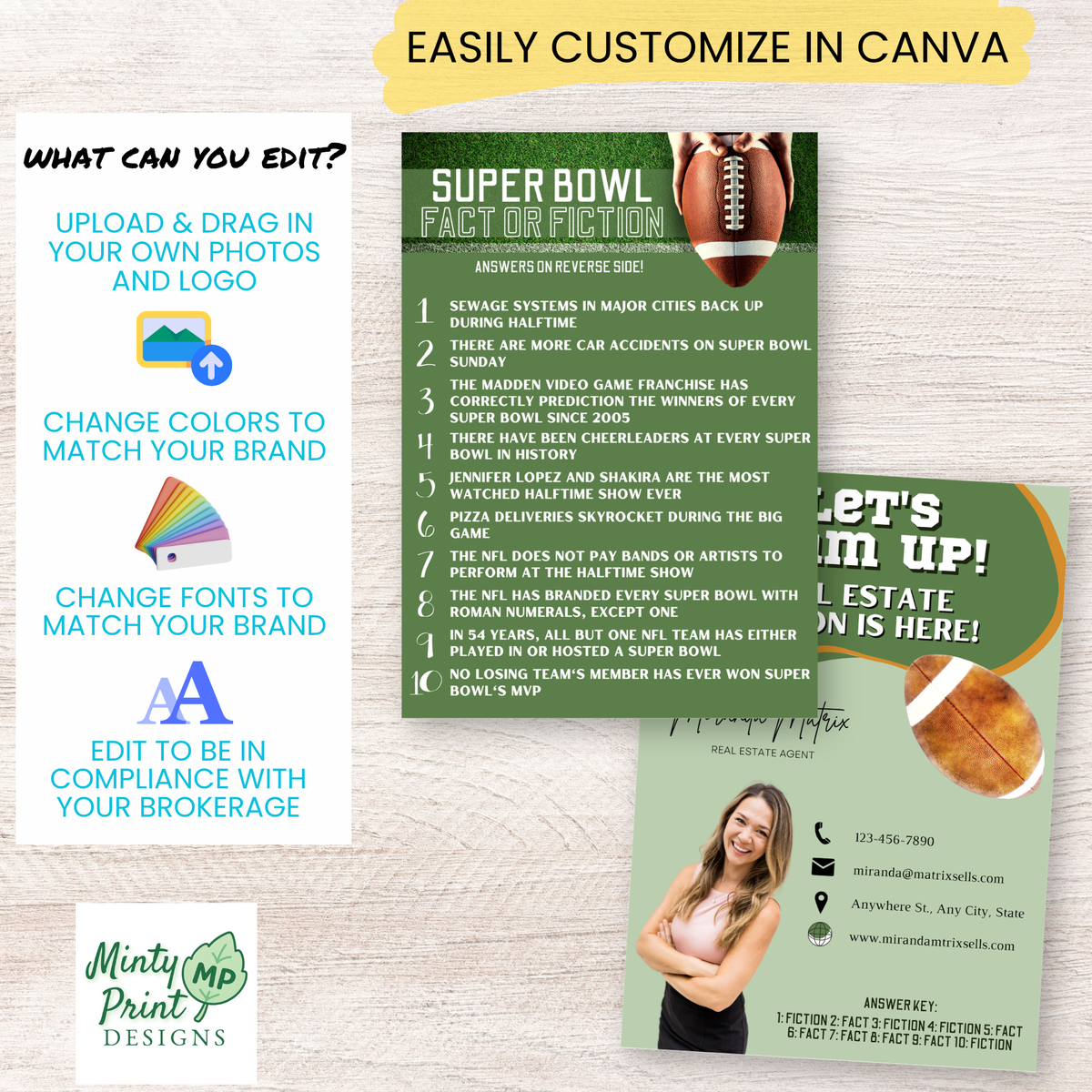 Super Bowl real estate postcard back featuring customizable realtor branding, contact information, mailing lines and trivia answer key