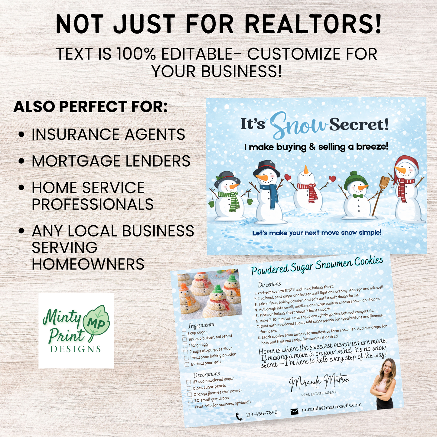 Fun snowman themed real estate mailer with Canva editable layout