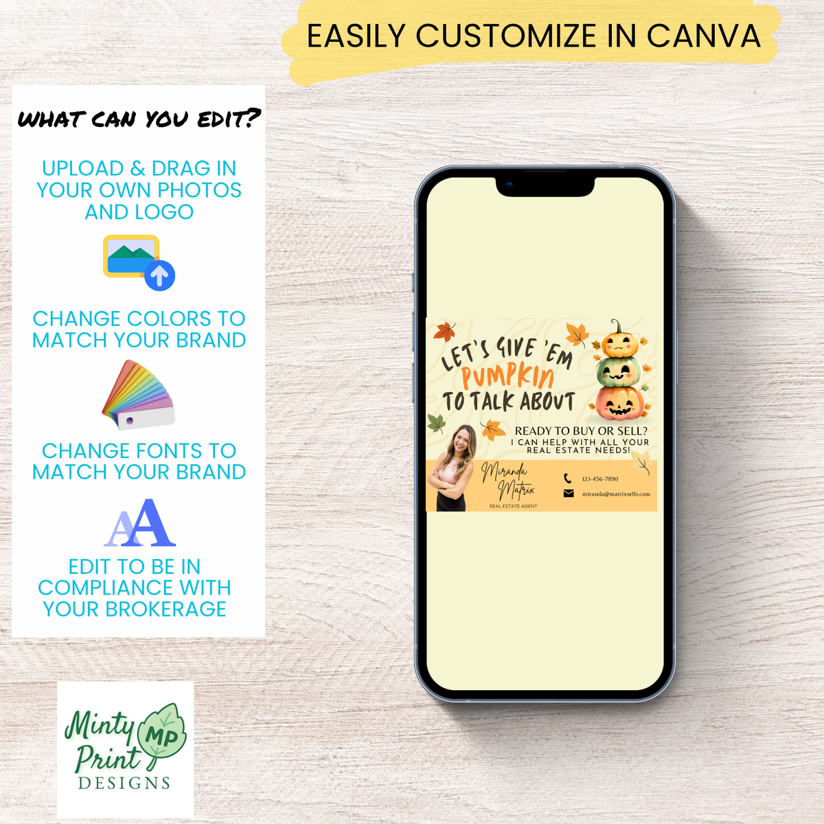 Fall real estate marketing freebie graphic explaining customizable photo, contact information, and Canva download