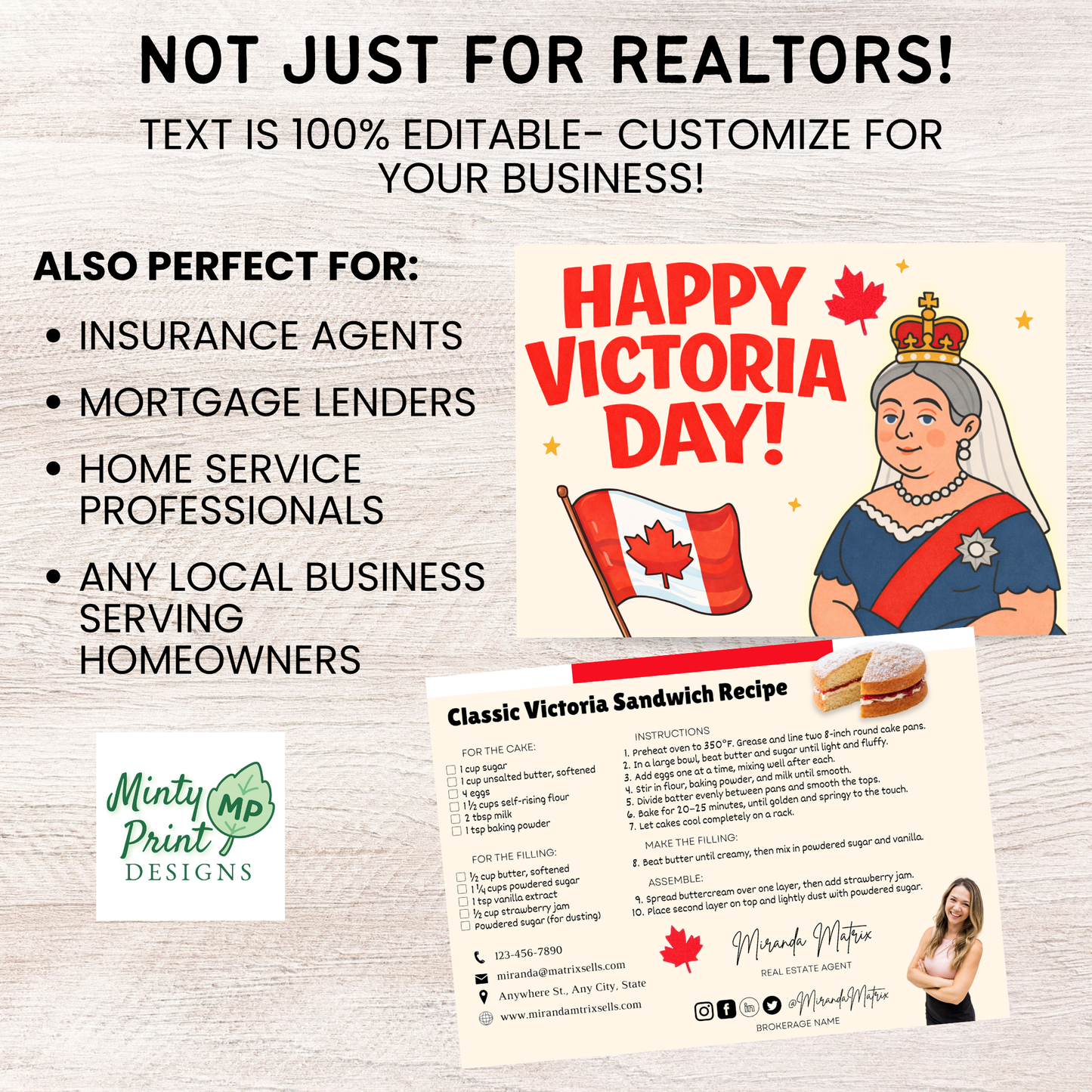 Editable Victoria Day postcard template set for realtors including front design and two back layout options
