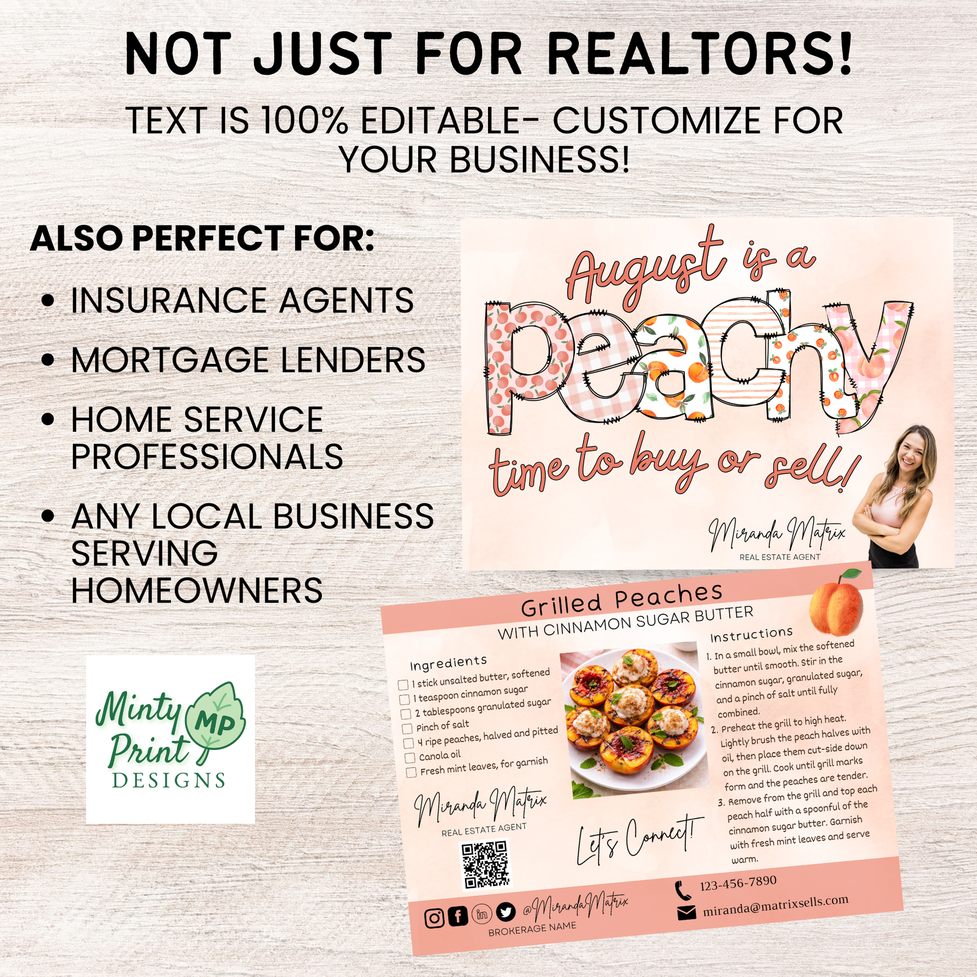 Peach themed August postcard with recipe and branding space for real estate agents