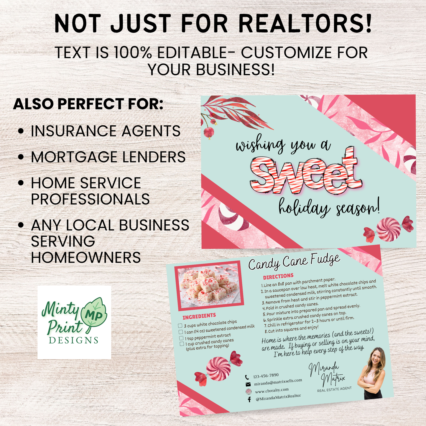 Holiday client mailer postcard with candy cane dessert recipe and contact info section
