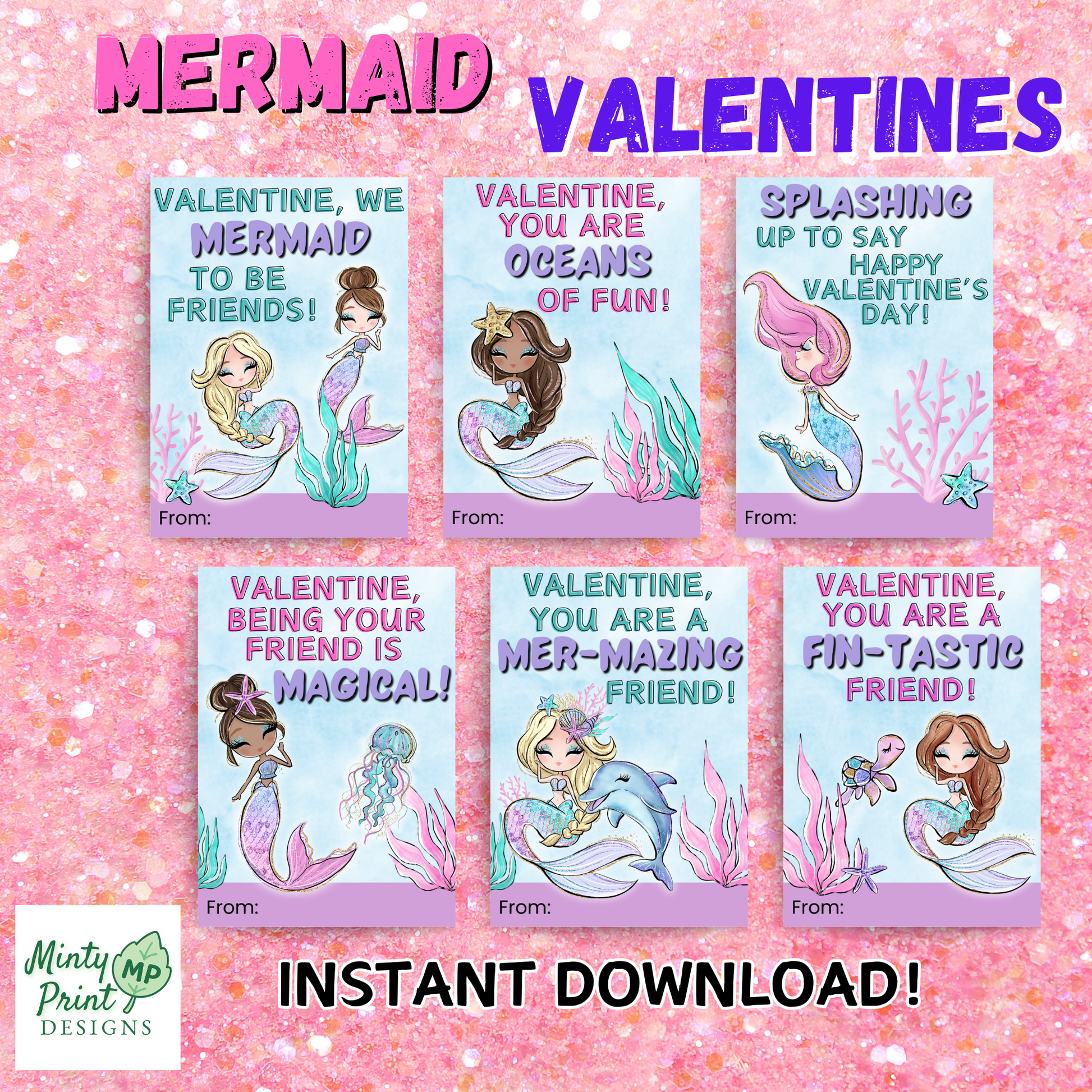 Printable mermaid Valentine card featuring a cute cartoon mermaid and ocean colors, perfect for classroom exchanges