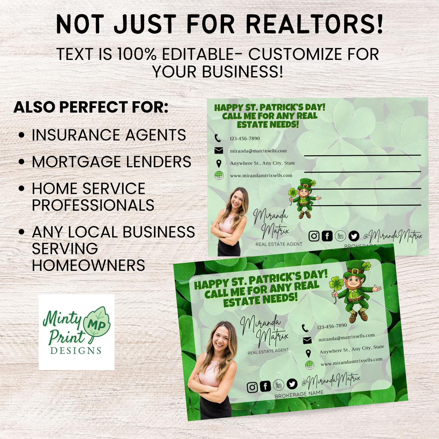 St. Patrick’s Day marketing postcard template for realtors, mortgage lenders, and local businesses serving homeowners.