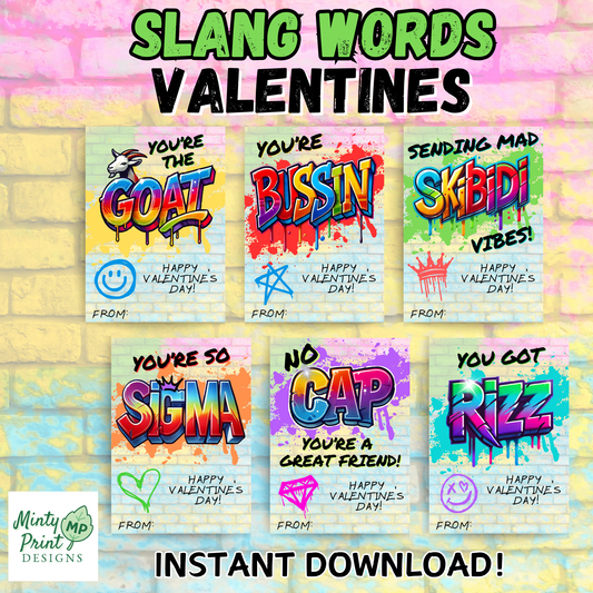 Printable slang Valentine cards with bussin, rizz, skibidi, sigma, cap, and goat