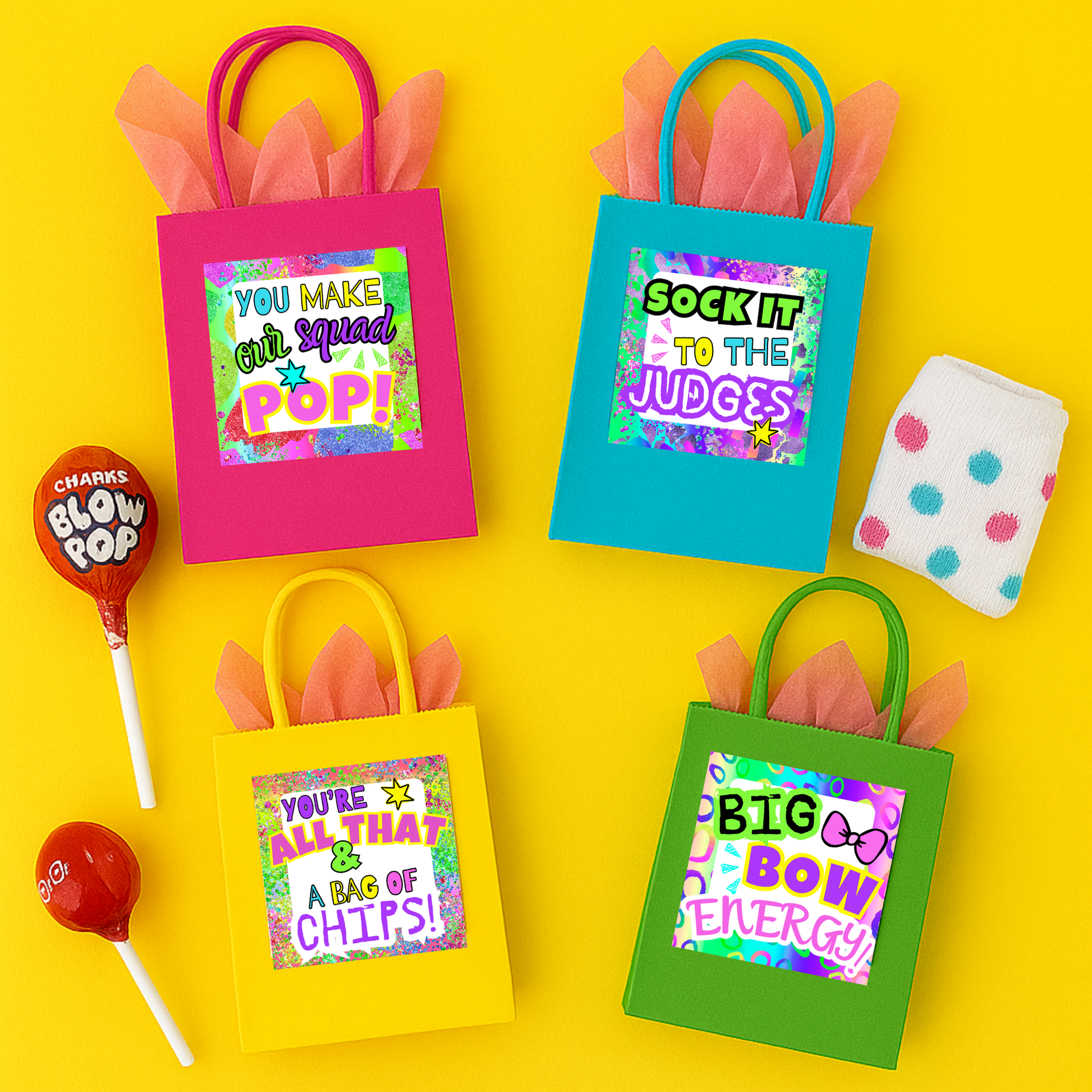 Set of printable cheer gift tags with colorful designs and fun sayings for cheerleaders and cheer squads.