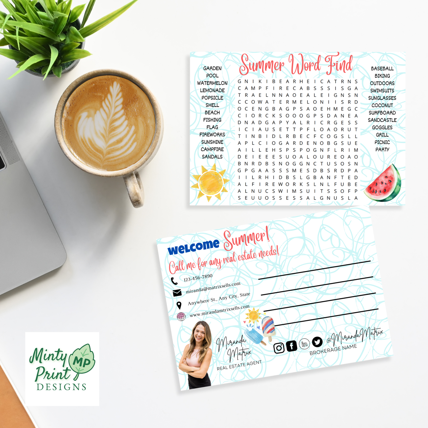 Summer word search postcard template with reverse mailer option