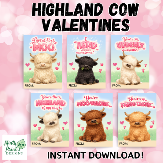 Printable Highland cow Valentine cards for kids classroom Valentine exchange