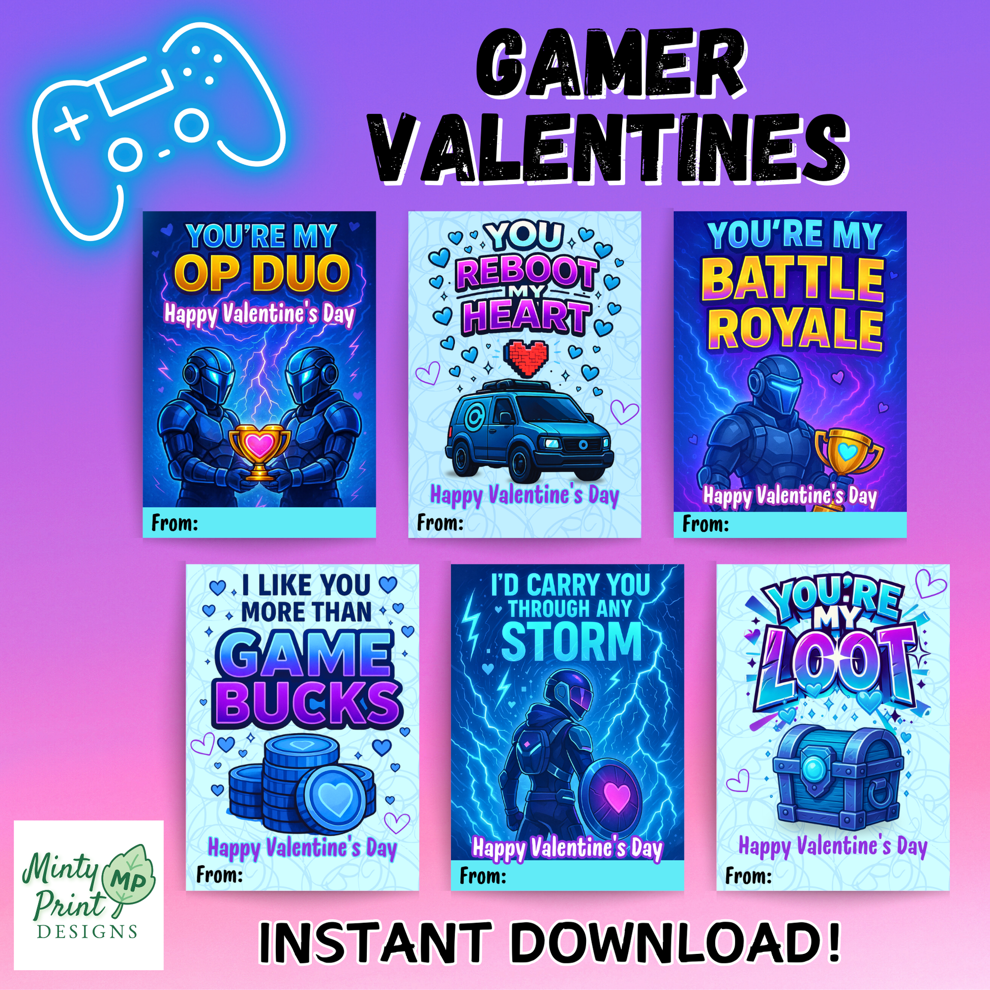 Printable gamer Valentine cards in neon battle royale style, perfect for kids who enjoy Fortnite-style games.