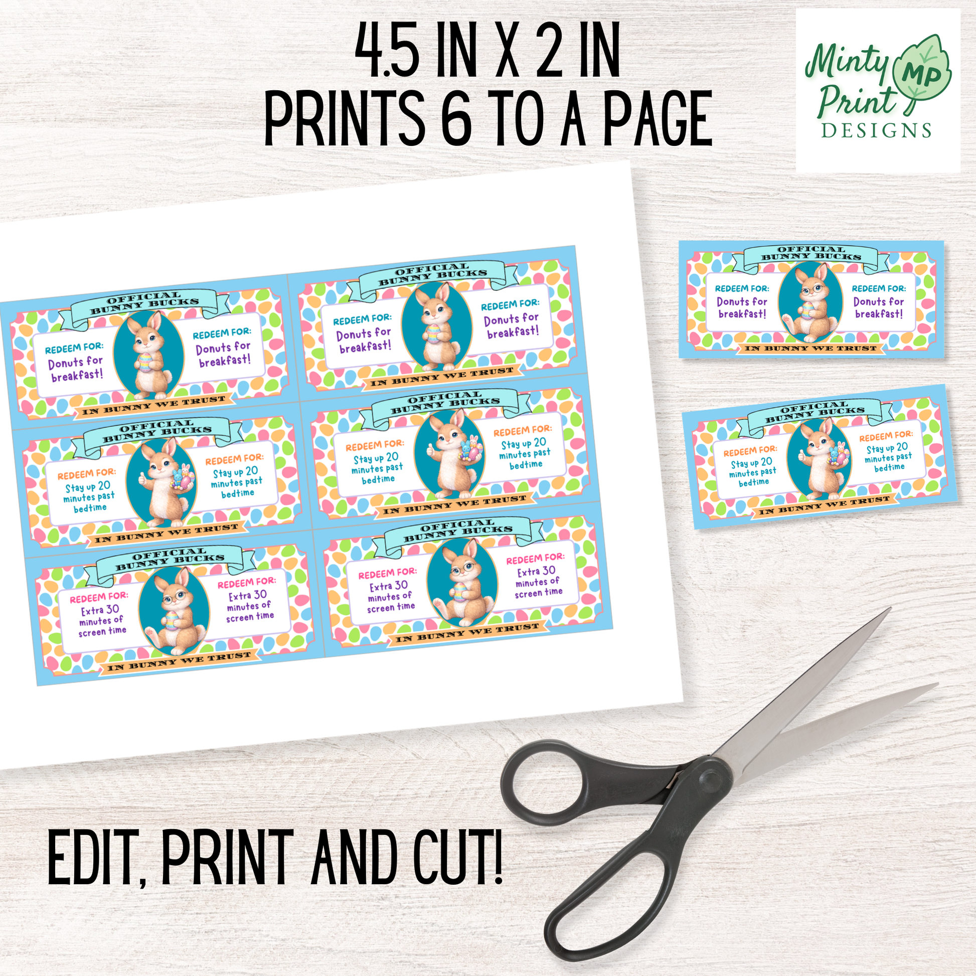 Editable Bunny Bucks printable reward coupons sized 4.5 x 2 inches, showing six per page ready to print and cut for Easter baskets.