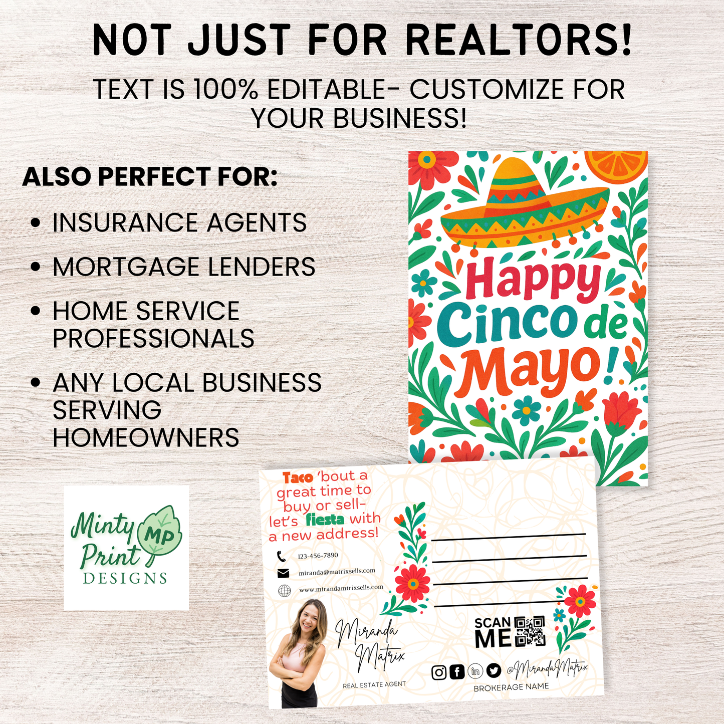 Editable real estate postcard template with two reverse side mailer options including address lines and contact information for Cinco de Mayo marketing.