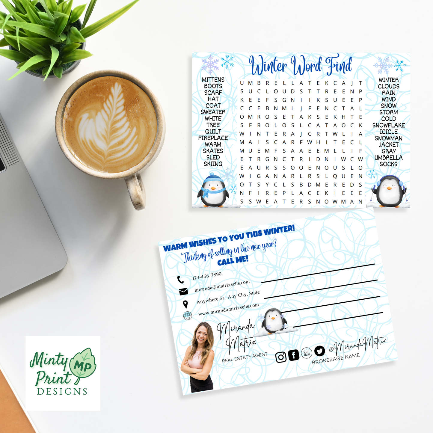 Winter word search postcard template with reverse mailer option