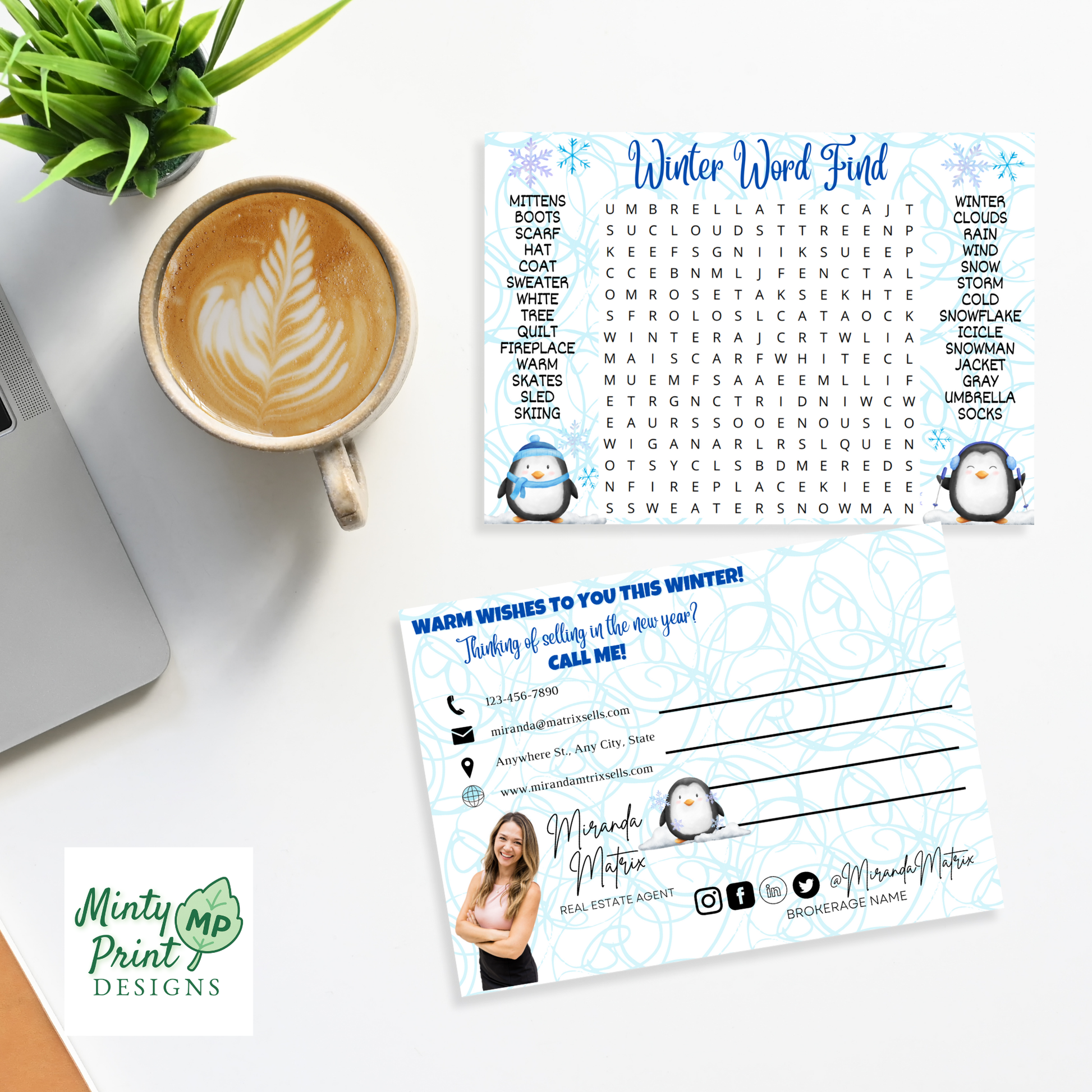 Winter word search postcard template with reverse mailer option