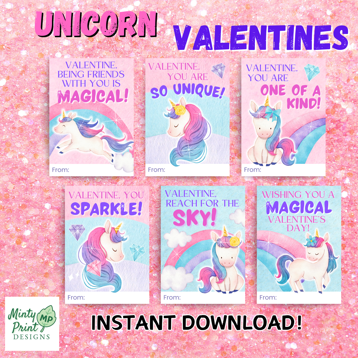 Printable unicorn Valentine cards for kids featuring pastel unicorns, rainbows, sparkles, and sweet classroom Valentine messages