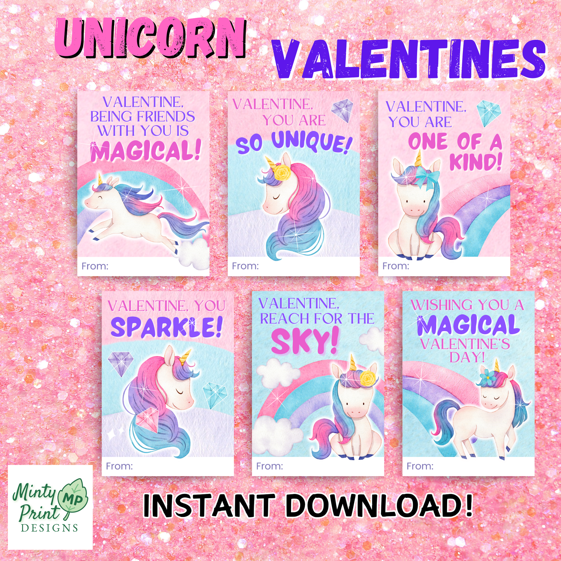 Printable unicorn Valentine cards for kids featuring pastel unicorns, rainbows, sparkles, and sweet classroom Valentine messages