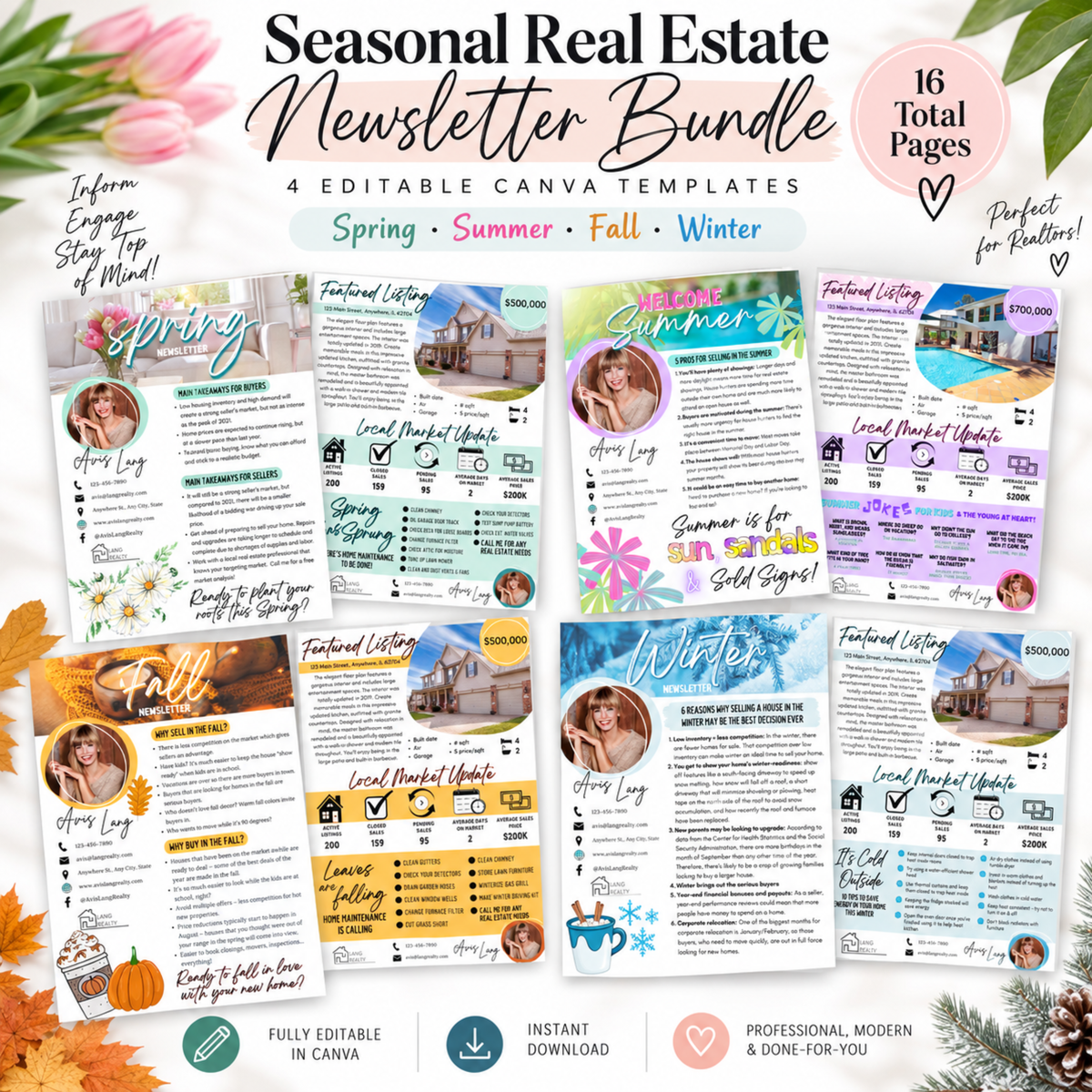 Seasonal real estate newsletter bundle for Canva with Spring, Summer, Fall and Winter Realtor templates, 16 editable pages total.