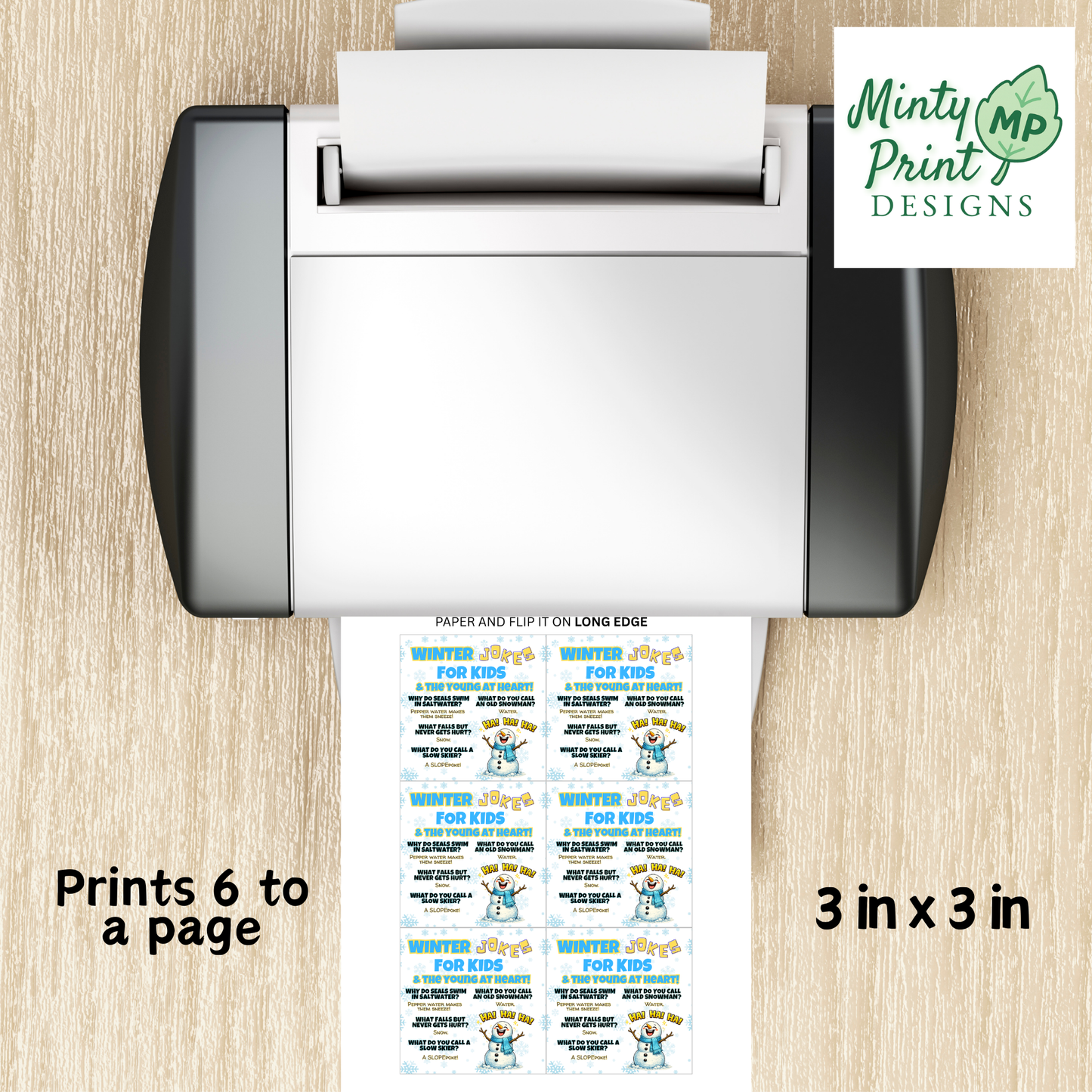Printable winter pop-by tag template showing 6 tags per page with double-sided printing instructions for easy client appreciation gifts.